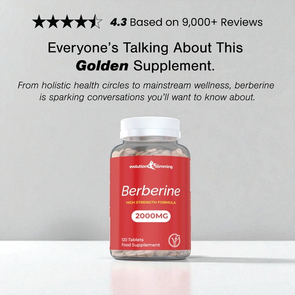 A square-format static ad highlighting customer sentiment and reviews for a high-strength berberine supplement.